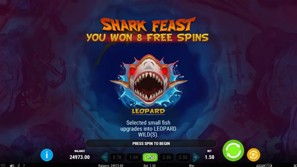 Interface do jogo de slot Megadon Triple Threat com tubarões e elementos oceânicos