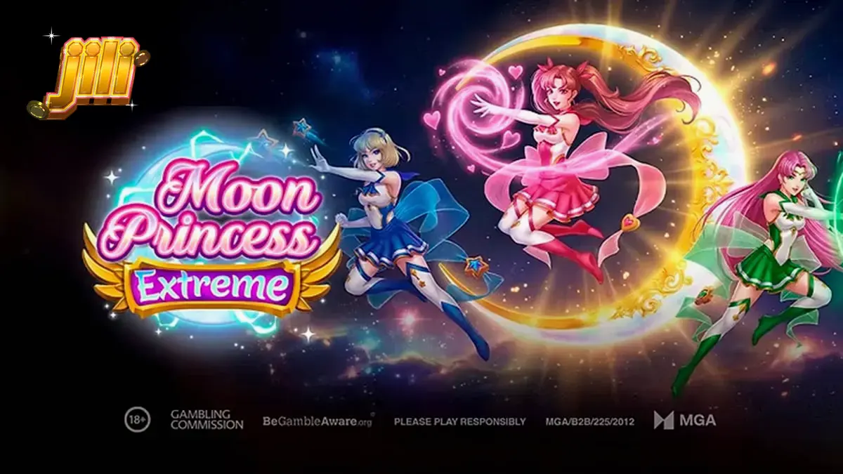 Captura de tela do jogo Moon Princess Extreme, mostrando as três princesas e a grade de símbolos coloridos em um dispositivo móvel.
