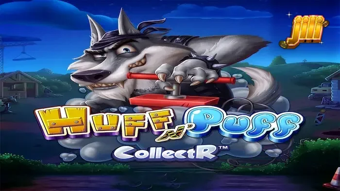 Interface colorida e dinâmica do slot Huff N' Puff CollectR com personagens dos porquinhos